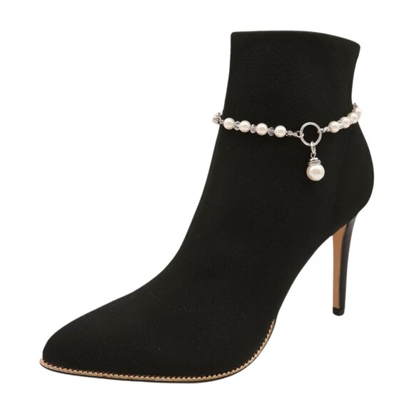 Women Silver Metal Chain Boot Bracelet Shoe Cream Imitation Pearl Charm 2PCS SET - Picture 11 of 17
